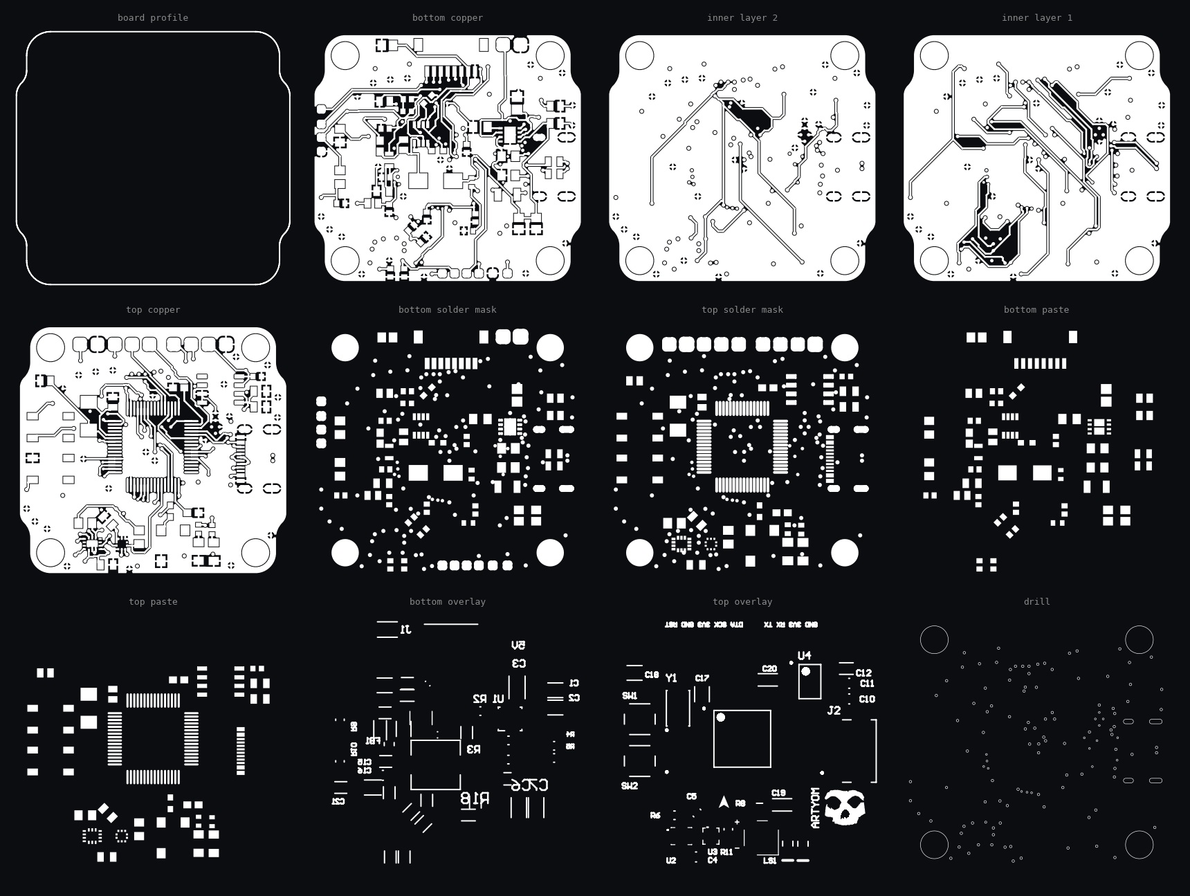 Contact sheet of all twelve layers of the board, each labelled